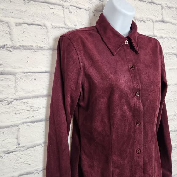 NWT New York & Co Top Size Small Burgandy Suede/Velvet Long Sleeve Button Down - Picture 3 of 10